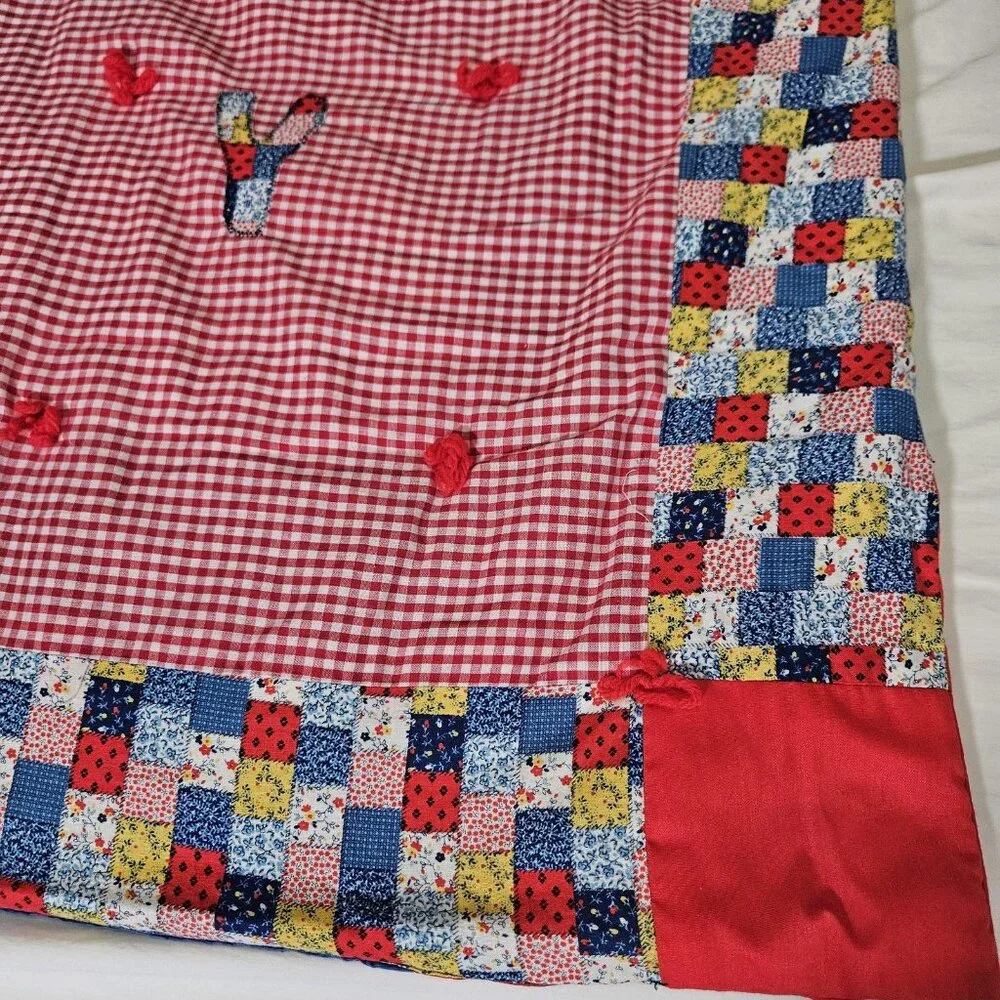 Handmade Baby Quilt Crib Red Gingham Patchwork BABY Applique Reversible 44x37